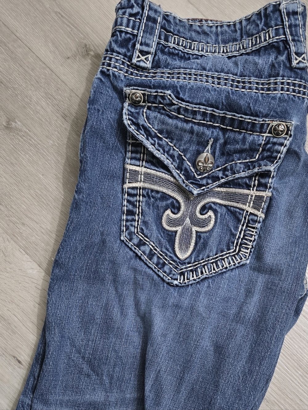 Men Rock Revival Blue Bootcut Jeans with Embroidered Flap Pocket